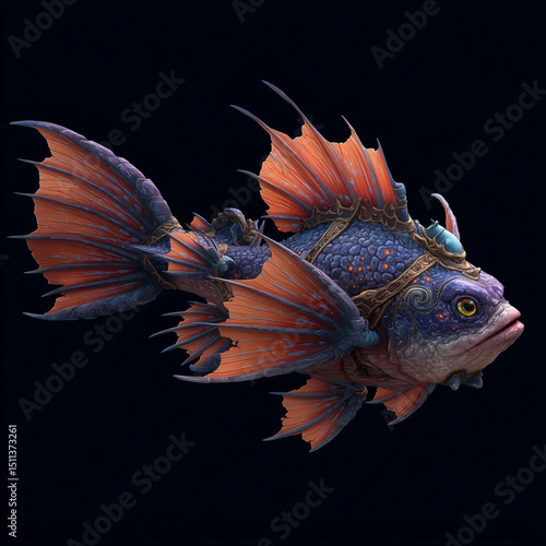 Fantasy fish with intricate details and vibrant colors swimming in the deep ocean photo