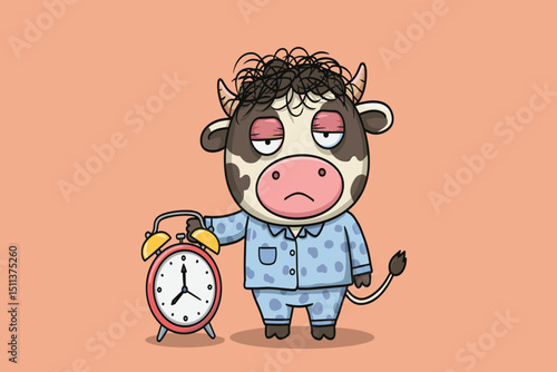 A sleepy cow in pajamas holding a loud alarm clock, late for school.