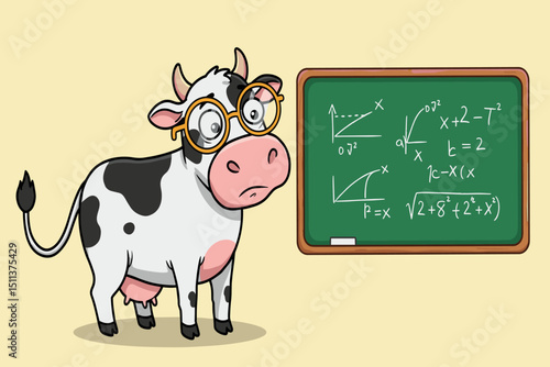 A confused cow with big glasses trying to solve a math problem on a chalkboard.