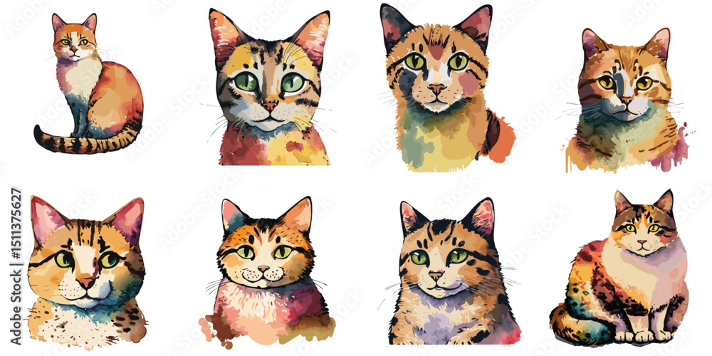 Fototapeta Multiple vector illustrations of cats, watercolor style