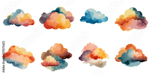 Multiple vector illustrations of clouds, watercolor style