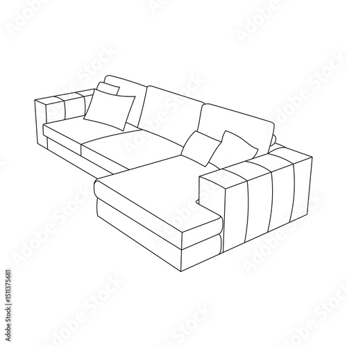 Black and White Line Drawing of a Sectional Sofa