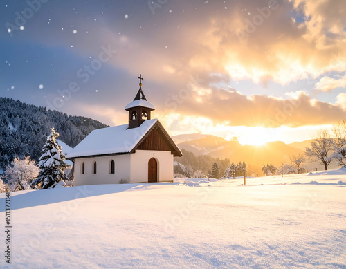 Wallpaper Mural Serene Winter Sunrise A Snow-Covered Village Chapel Torontodigital.ca
