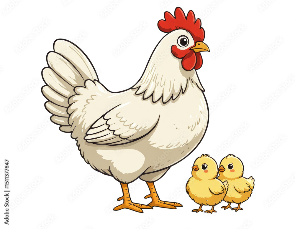 Fototapeta premium White Hen with Chicks, Isolated Transparent Background, Farm Animal Design Element