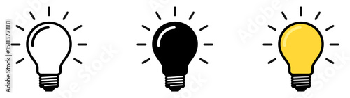 A set of light bulb icons on white background, symbolizing ideas, innovation, and creativity in outline, flat, and colored styles, perfect for modern designs.