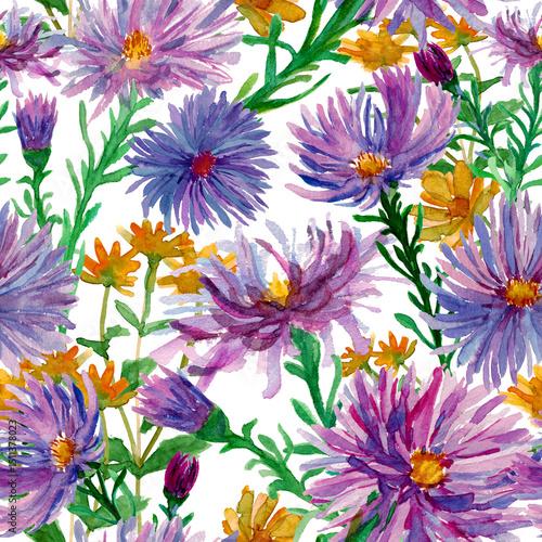 Seamless pattern with abstract watercolor blooming asters flowers. Purple and ultramarine petals, Ditsy Print. Cottage Garden Flower. Template for fabric, textile, surfaces, covers. Floral background.