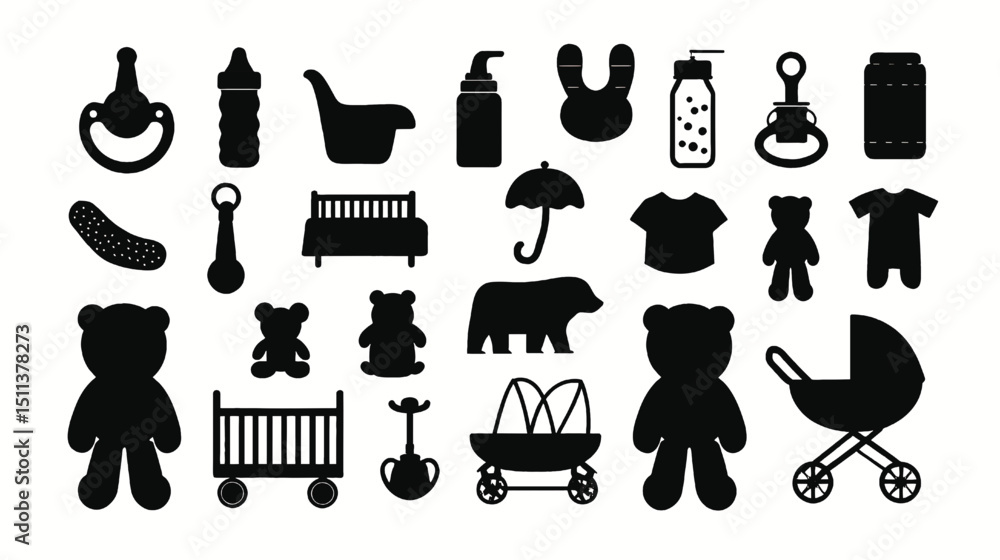 Fototapeta premium Baby essentials vector art collection featuring teddy bears, crib, bottle, stroller and other baby items design