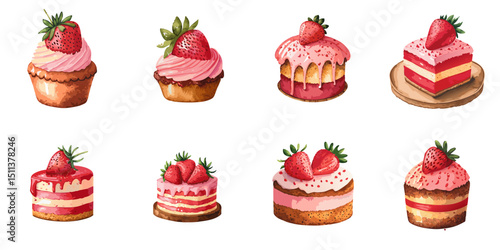 Multiple vector illustrations strawberry cake, watercolor style