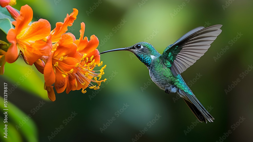 Fototapeta premium A hummingbird hovers near a vibrant orange flower.