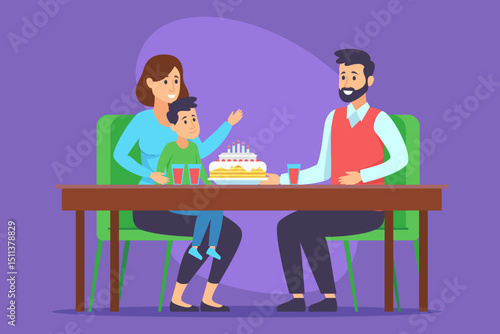 Family members gathering around table to celebrate with cake adorned with candles. Child looking excited, while parents sharing joyful moments with drinks nearby