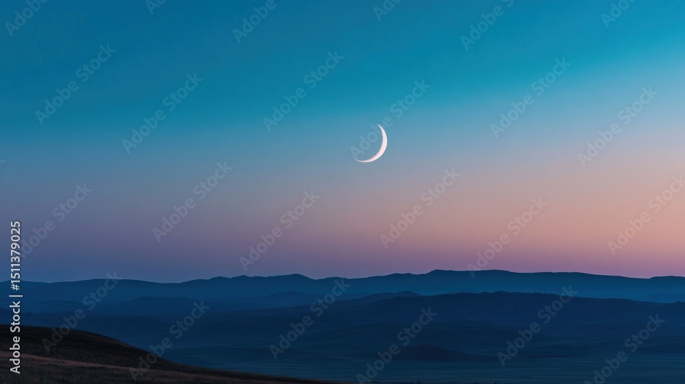 Fototapeta premium Crescent Moon Over Silhouetted Hills at Dusk