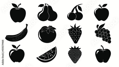 Black and white fruit vector illustration featuring apple banana strawberry grape cherry pear and orange