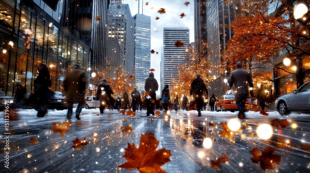 Obraz premium Autumn in the City Snow, Leaves, and City Lights