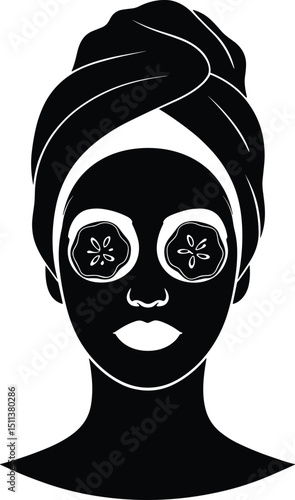 Black silhouette vector of a woman's face with a facial mask applied and two round cucumber slices over the eyes