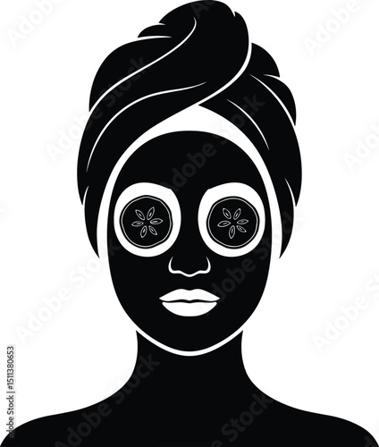 Black silhouette vector of a woman's face with a facial mask applied and two round cucumber slices over the eyes