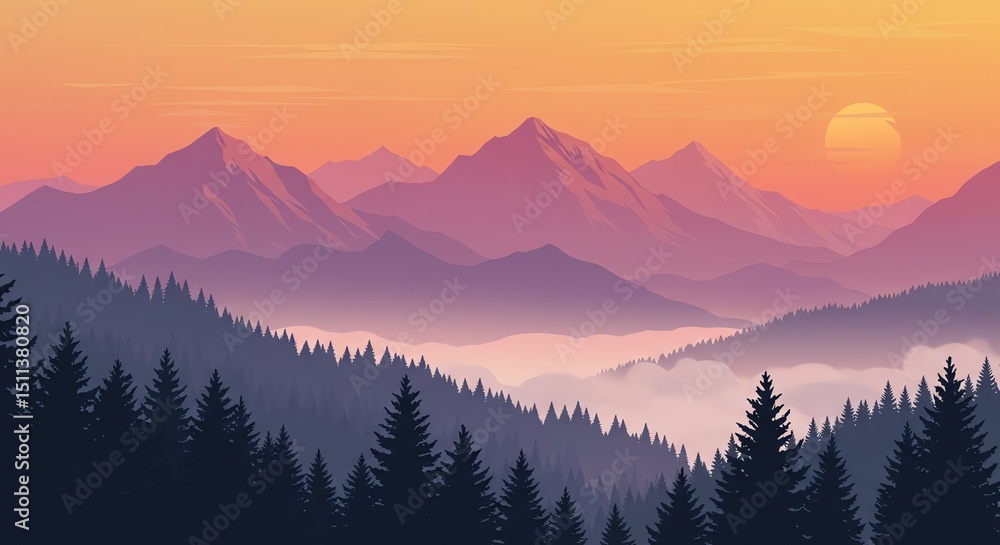 Obraz premium Serene Sunset: Misty Mountains and Silhouetted Pines