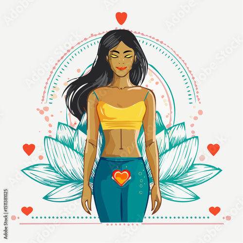 Vector of a confident woman surrounded by female wellness icons, symbolizing holistic health, self-care, and empowerment.