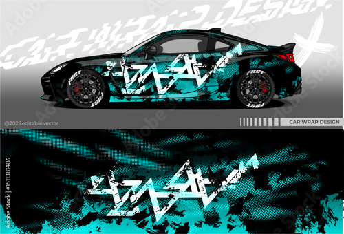 Illustration vector grahic of Car wrap decal with abstract design. Black blue colour. Livery car editable. Mockup template sticker vinyl for racing, rally, or daily use.