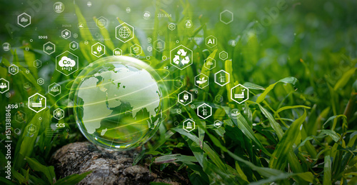 Seedling growing on moss with green forest icon - environment esg concept, ecology and sustainable environment of the world. Eco-friendly green business. ecology, earth day, csr and net zero
