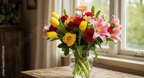 Wallpaper Mural Vibrant Spring Bouquet: Tulips, Roses, and Lilies in a Glass Vase Torontodigital.ca