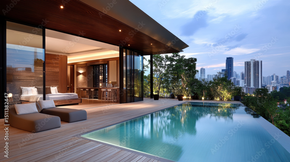 Fototapeta premium Luxurious rooftop infinity pool with stunning skyline view, perfect for relaxation