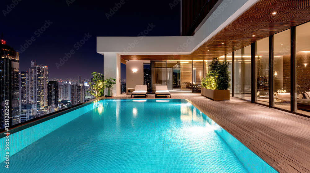 Fototapeta premium Luxurious rooftop pool with city skyline view, illuminated at night, creating serene atmosphere