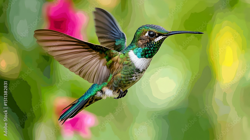 Fototapeta premium Vibrant hummingbird in flight against a bokeh background.