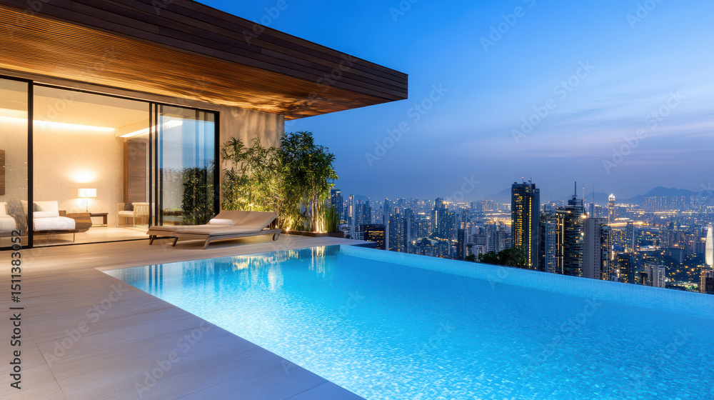 Fototapeta premium Luxurious poolside view overlooking vibrant city skyline at dusk, creating serene atmosphere