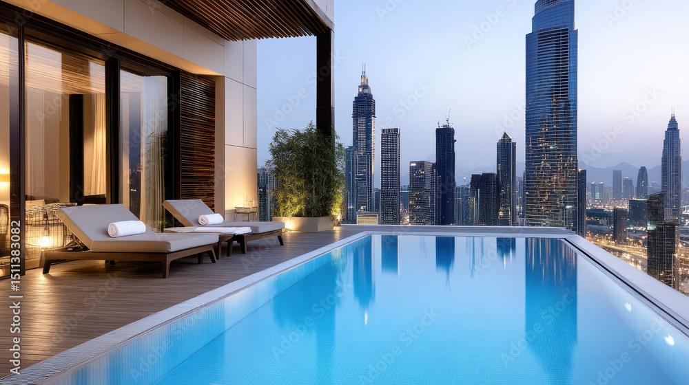Fototapeta premium Luxurious rooftop infinity pool overlooking stunning city skyline at dusk