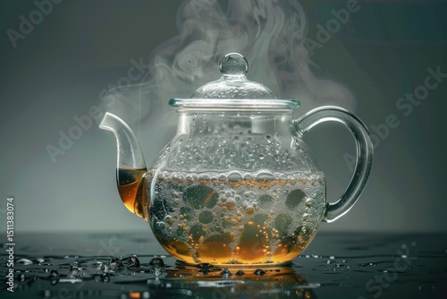 clear pixel image of Clear glass kettle with boiling water and steam.