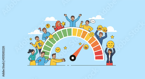 Colorful illustration of a diverse team interacting around a large emoji-based rating scale, symbolizing happiness, emotional well-being, teamwork, engagement, and positive feedback in a collaborative