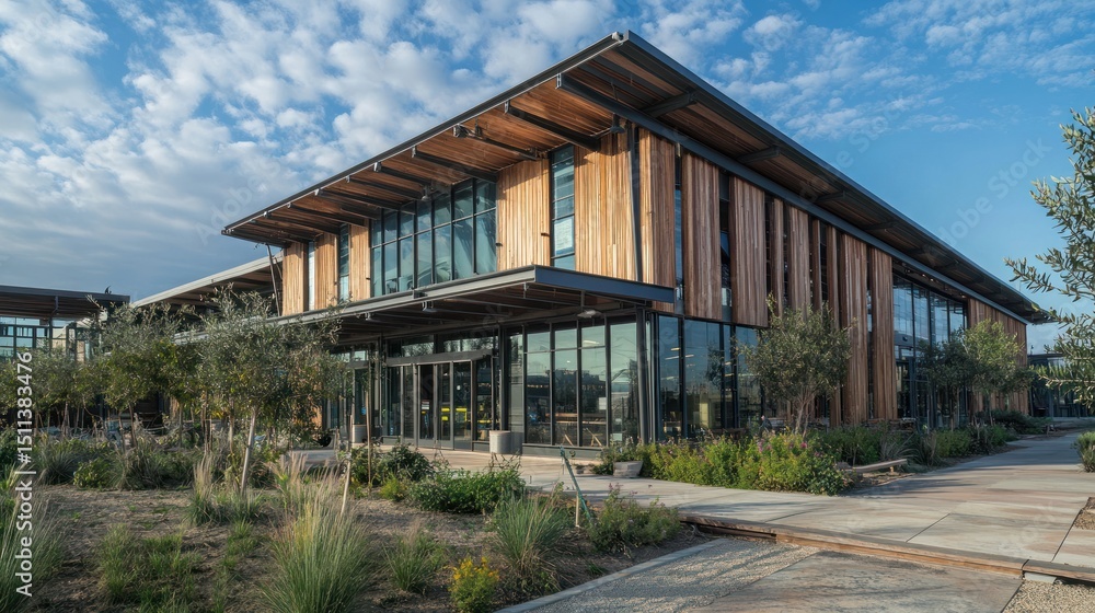 Fototapeta premium Modern Architectural Building with Glass Windows and Wooden Facade