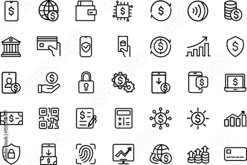 set of 35 outline icons related to fintech, mobile applications