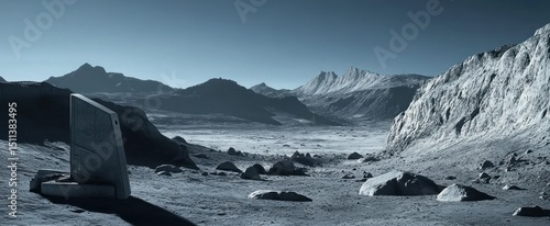 A solitary metallic structure on a barren, mountainous alien landscape.
