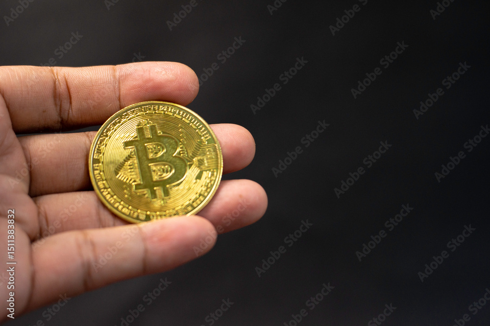 Hand Holding Golden Bitcoin isolated on a Dark Background for Cryptocurrency Concept Hand Holding Golden Bitcoin isolated on a Dark Background for Cryptocurrency Concept