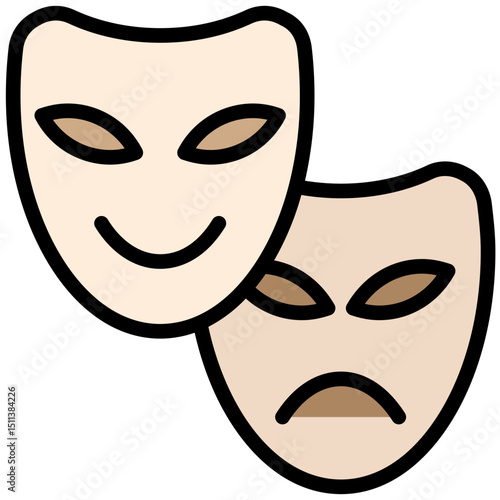 Theatre Mask Outline Flat Design Icon, Black And White Outline Flat Design Icon Symbol