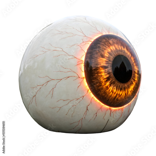 Glowing Human Eye: Detailed 3D Render of a Realistic Eyeball isolated on transparent background