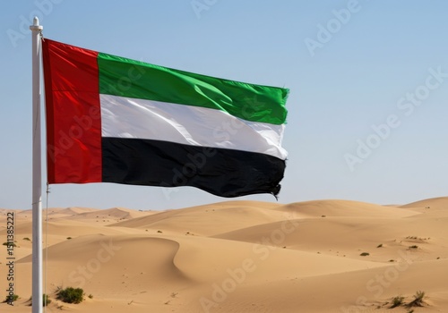 Waving UAE Flag Symbolizing Arab Unity Across the Vast Golden Desert Dunes of the Empty Quarter