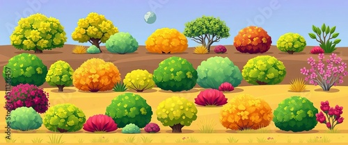 Set of flat vector icons depicting various bushes, shrubs, and foliage in a landscape setting,  flora,  summer