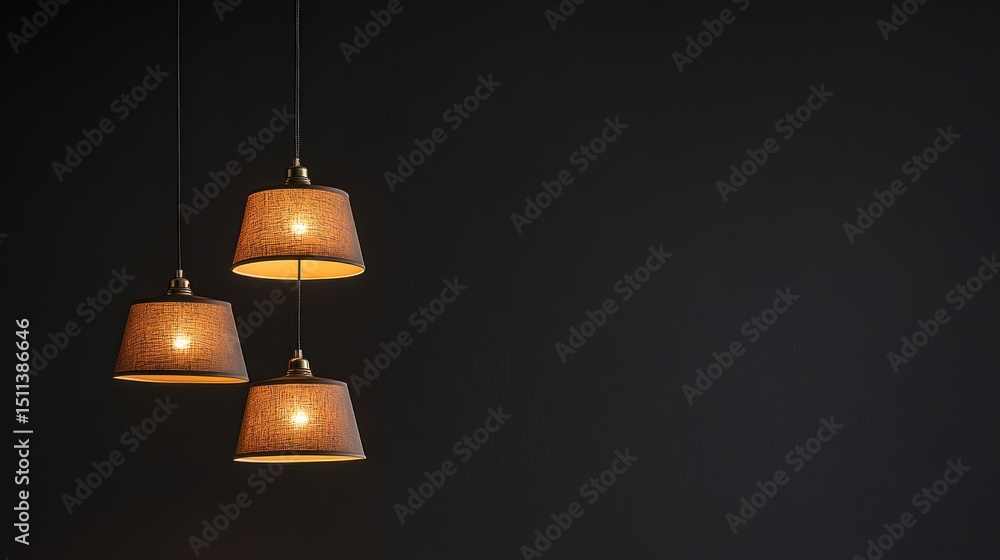 Obraz premium Three Hanging Light Fixtures with Textured Shades Against a Dark Wall
