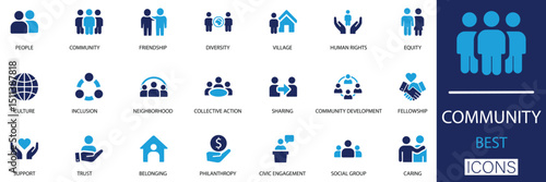 Community icon set. A solid collection of icons representing community, people, social support, trust, diversity, equity, friendship, belonging, fellowship, and neighborhood for versatile use.