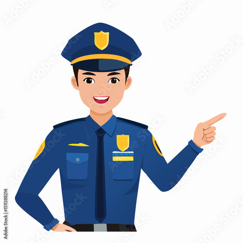 Half-body photo of a police officer pointing to the right using his hand