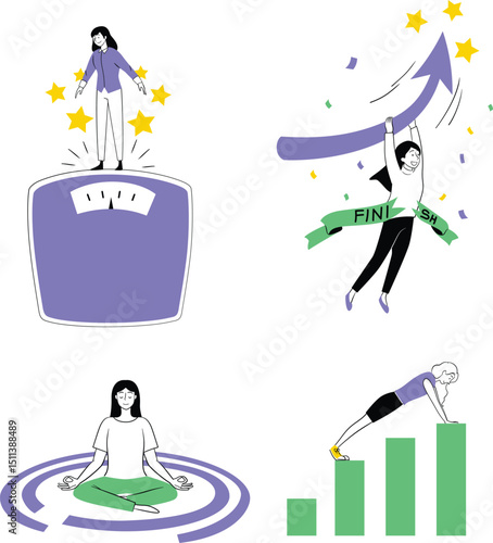 Surreal flat-style wellness illustrations showing unique scenes of fitness, nutrition, meditation, and progress.