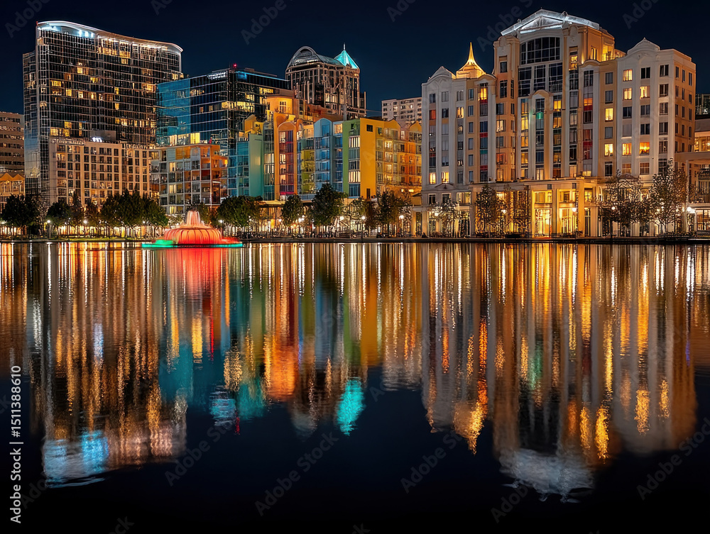 Naklejka premium A colorful skyline view of Orlando, Florida at night