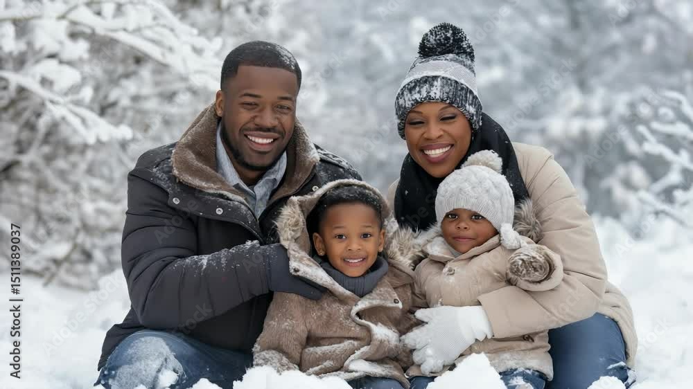 A family of four sit in the snow, smiling. The trees in the background are covered in snow. They are wearing winter jackets and hats. The parents are seated behind their two young children. A family of four sit in the snow, smiling. The trees in the background are covered in snow. They are wearing winter jackets and hats. The parents are seated behind their two young children.