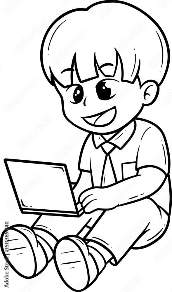 Child Using Laptop Cartoon Outline Child Using Laptop Cartoon Outline
