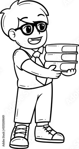 Schoolboy Carrying Books Cartoon Outline