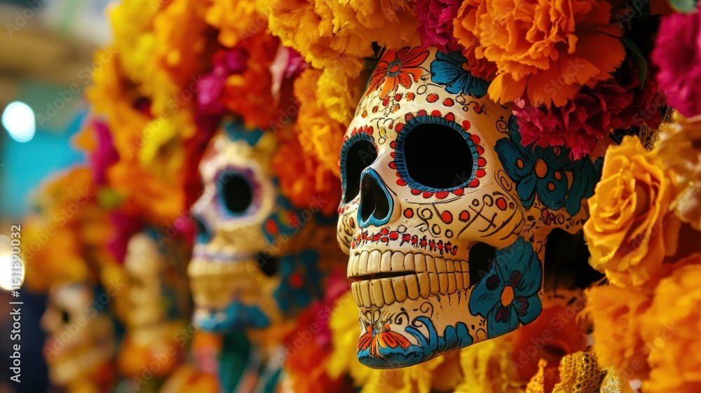 Fototapeta premium Colorful Sugar Skull Decorated with Marigolds and Flowers