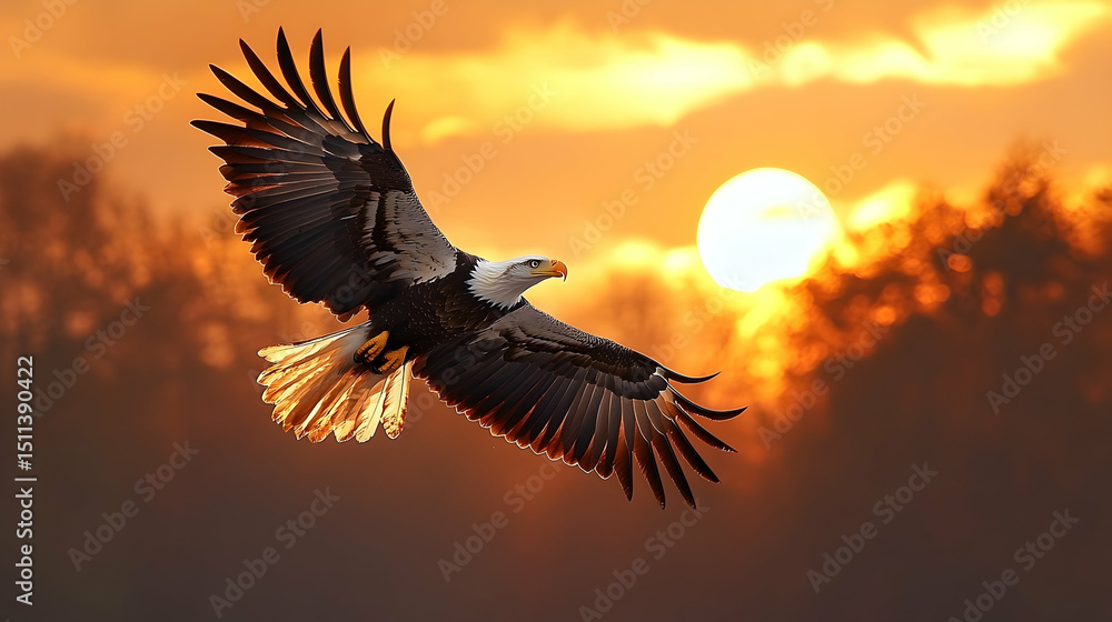 Obraz premium Majestic bald eagle soaring through a golden sunset.