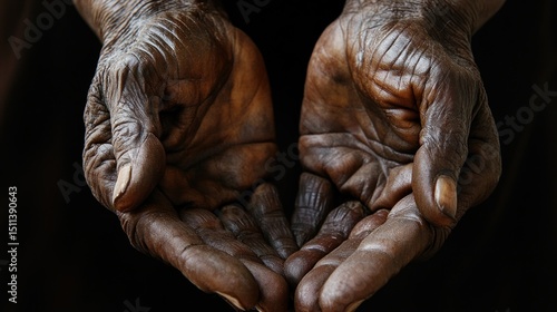 Close-up of Wrinkled, Dark-Skinned Hands Held Open